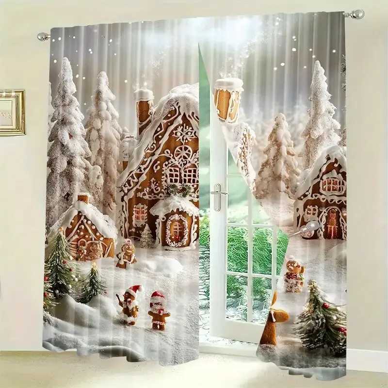 Curtain Christmas 2 pieces - Christmas curtains holiday snow scene and gingerbread man printed curtains home decorations room decorations Y251126