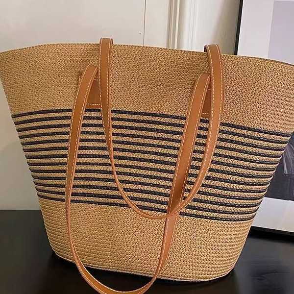 Straw Woven Bag Womens Summer Handbag Seaside Tote Bag Large Capacity Woven Shoulder Bag Rattan Woven Grass Bag Water Bucket Bag Trendy