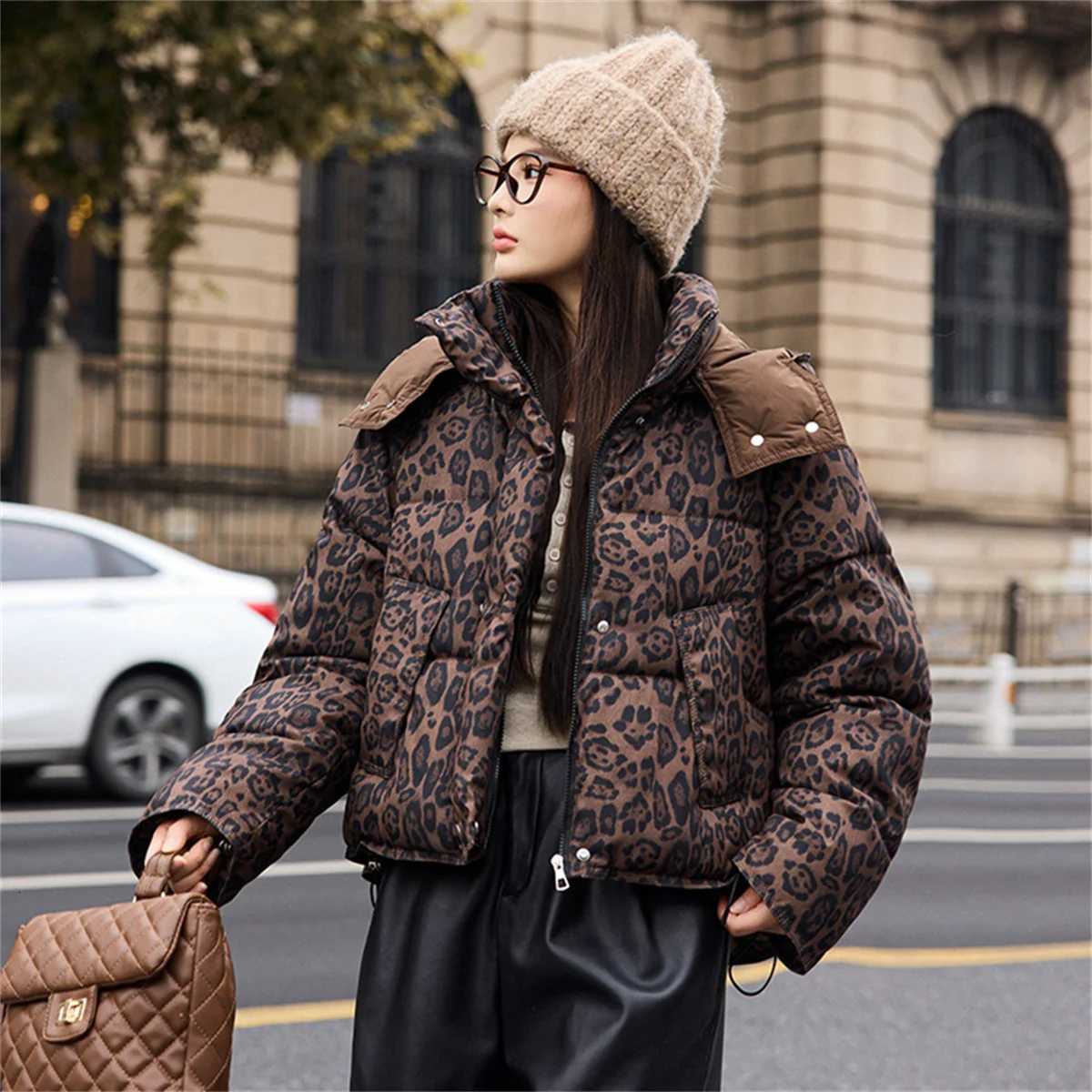 High Street Short Leopard Print Cotton Jacket Womens Hooded Fashion Casual Coat Korea Chic Streetwear Personalized Short ParkasXJ251127