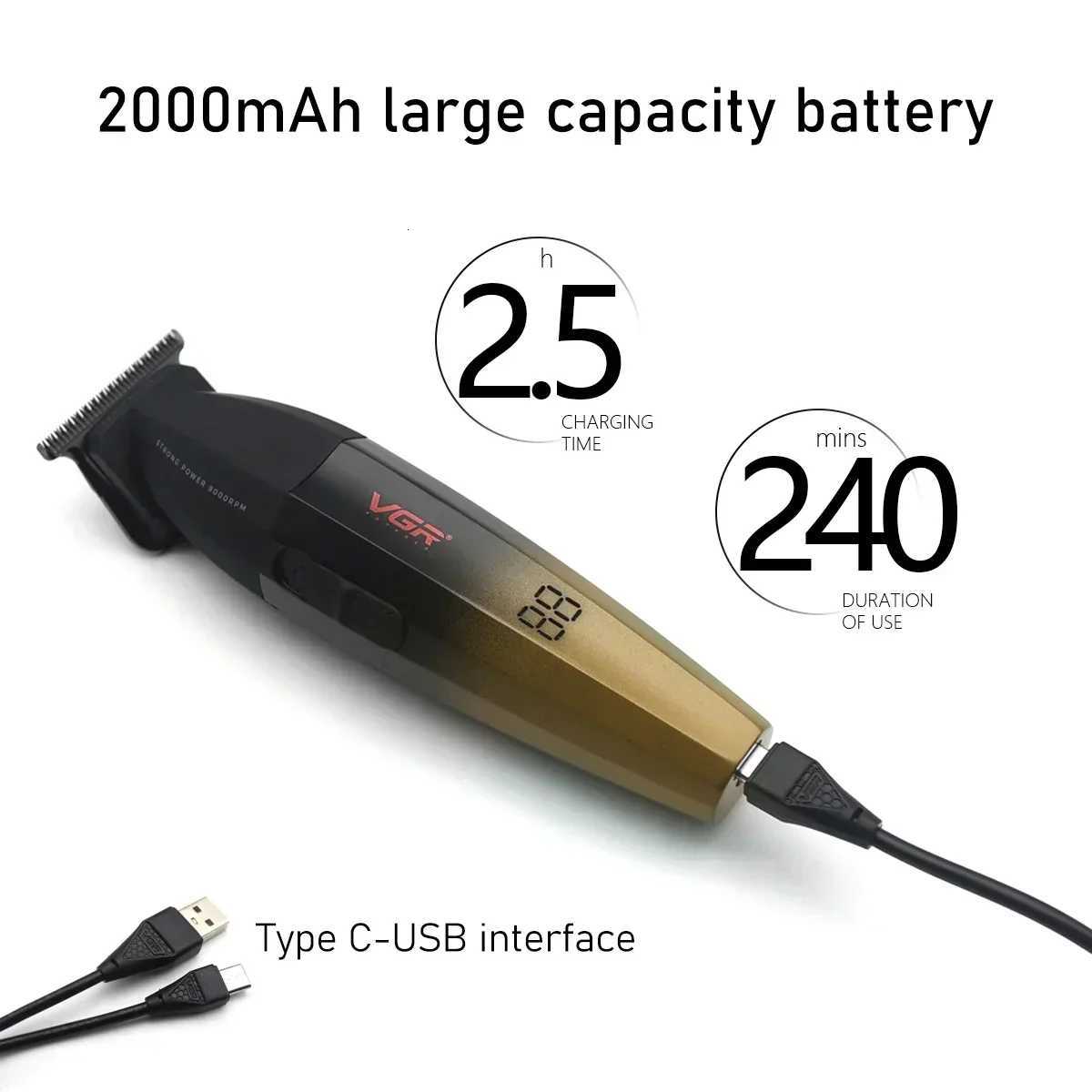 VGR 003 906 308 Professional Hair Cutting Kit Hair Clipper Cordless Clippers Trimmers for Men Set USB Charge Mens LED DisplayT251127