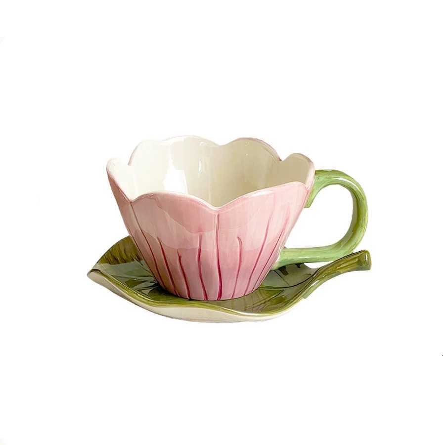 Three-dimensional Tulip Flower Cup Simulated Leaf-shaped Ceramic Coffee Mug Cup and Dish Set Afternoon Tea Accessories C251127