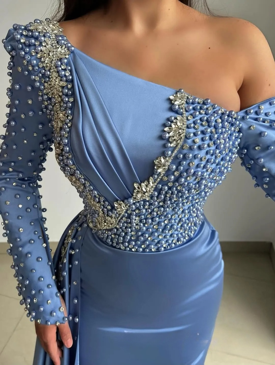 Aso Ebi Sky Blue Prom Evening Dresses Illusion Mermaid One Shoulder Beaded Pearls Rhinestones Side Split Birthday Dress Second Reception Gown N27