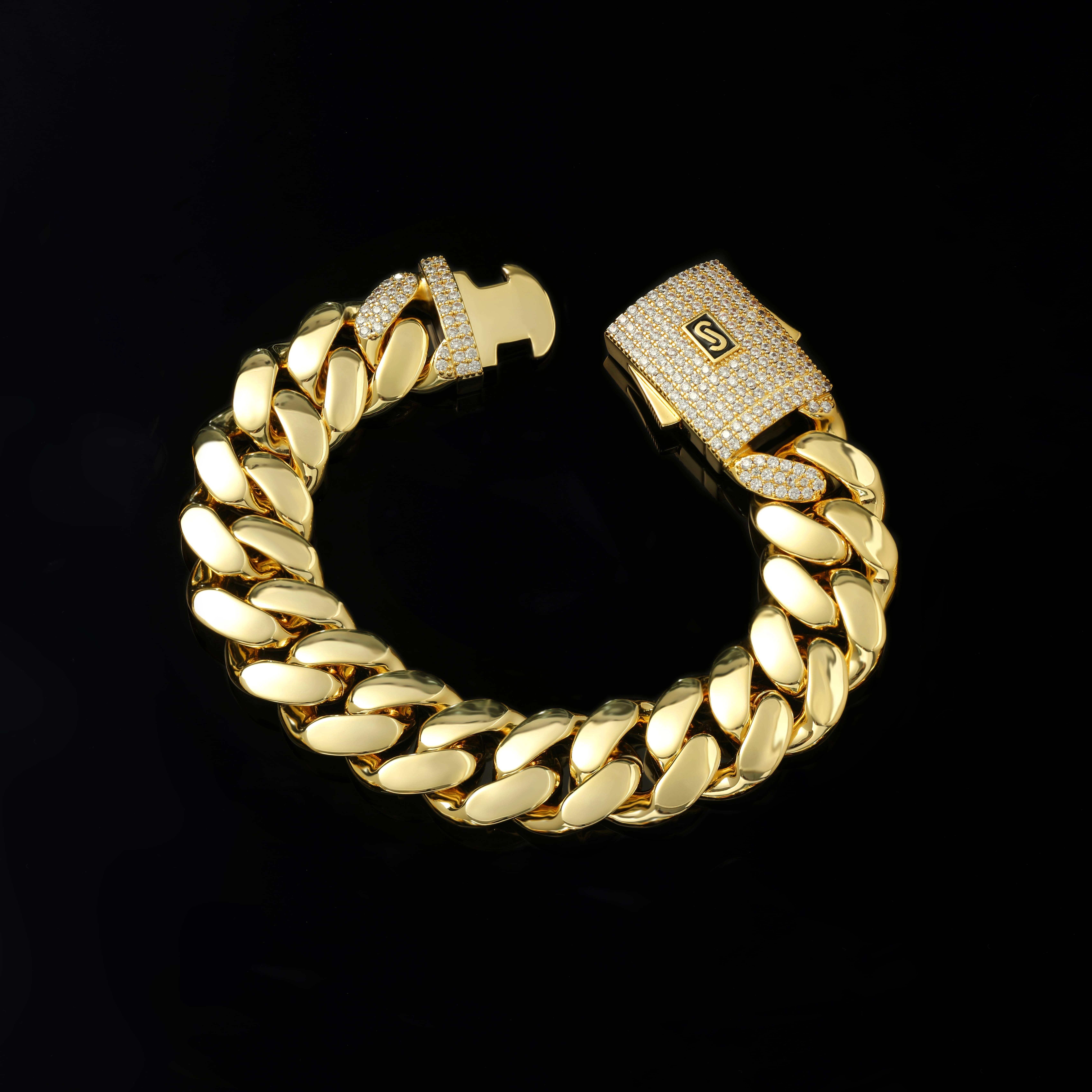 Luxury 14K/18K Gold Plated Thick Solid Cuban Link Chain Hip Hop Jewelry Iced Out Diamond Clasp Flat Miami Monaco Chain