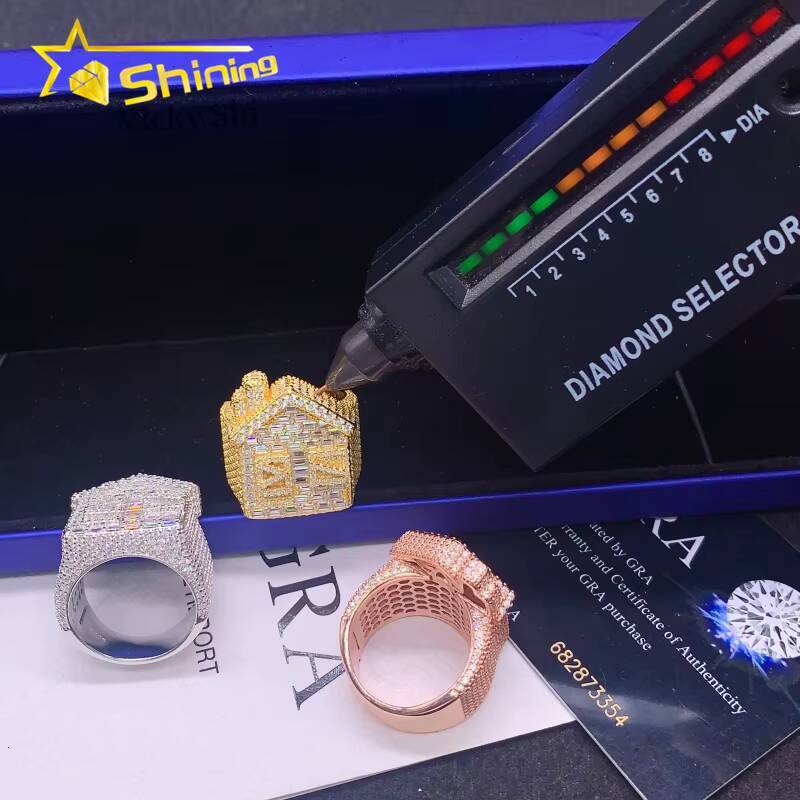 Fine Jewelry 925 Solid Silver House Style Iced Out Baguette Moissanite Diamond Ring Custom Moissanite Men Hip Hop Rings