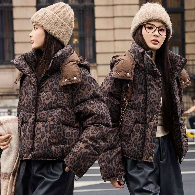 Designer Leopard Print Down Cotton-Padded Jacket Women's Parkas Winter 2025 New Warm Cotton Coat Fashion Outwear Hooded Female Overwear