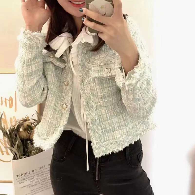 HMA New Fashion Korean Chic Vintage Tweed Woolen Jacket Coat Women Autumn Single Breasted Plaid Tassel Office Lady OutwearXJ251127