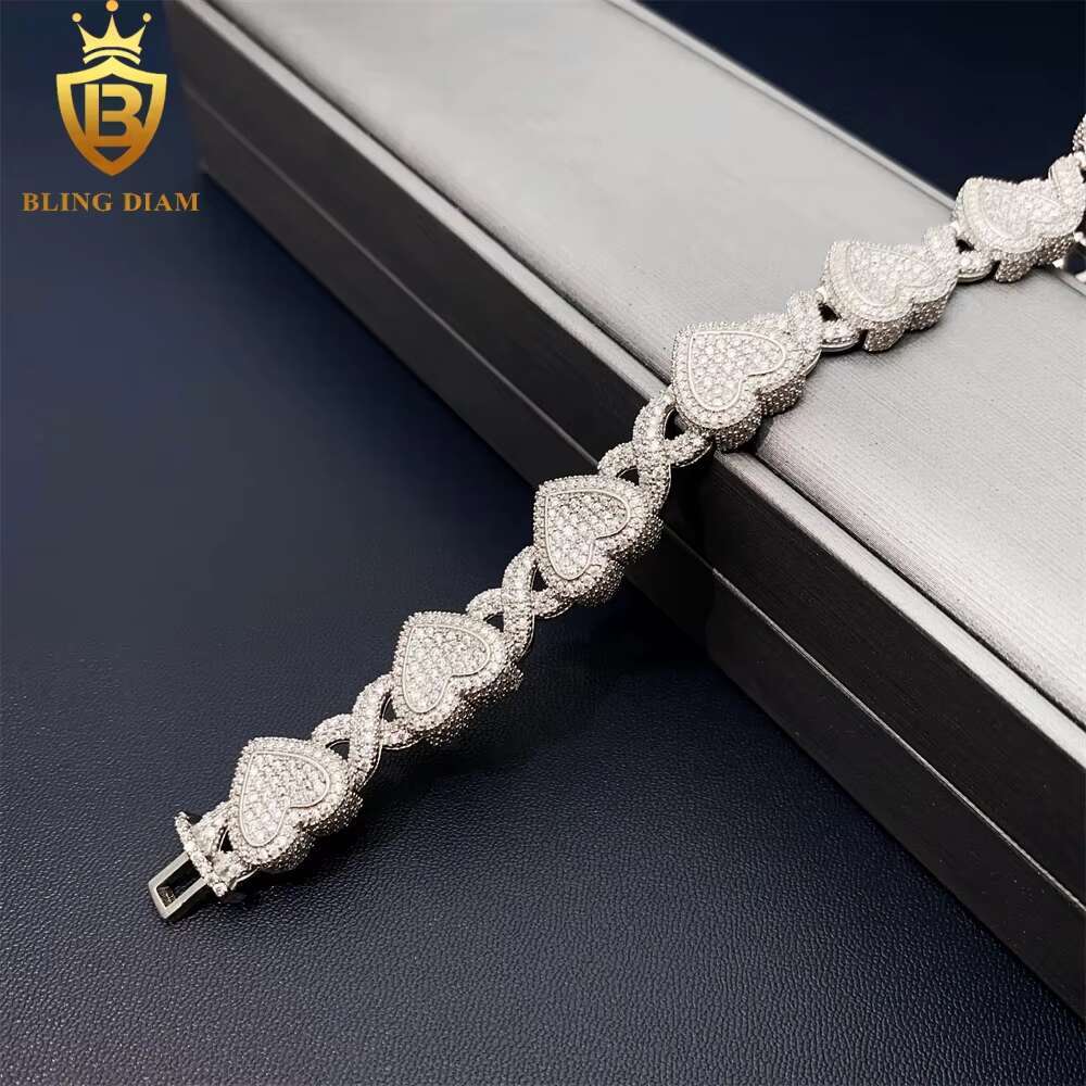 Bling Diam 9mm 925 Sterling Silver VVS Moissanite Iced Out Gold Plated Cuban Link Heart Shape Bracelet Hip Hop Jewelry