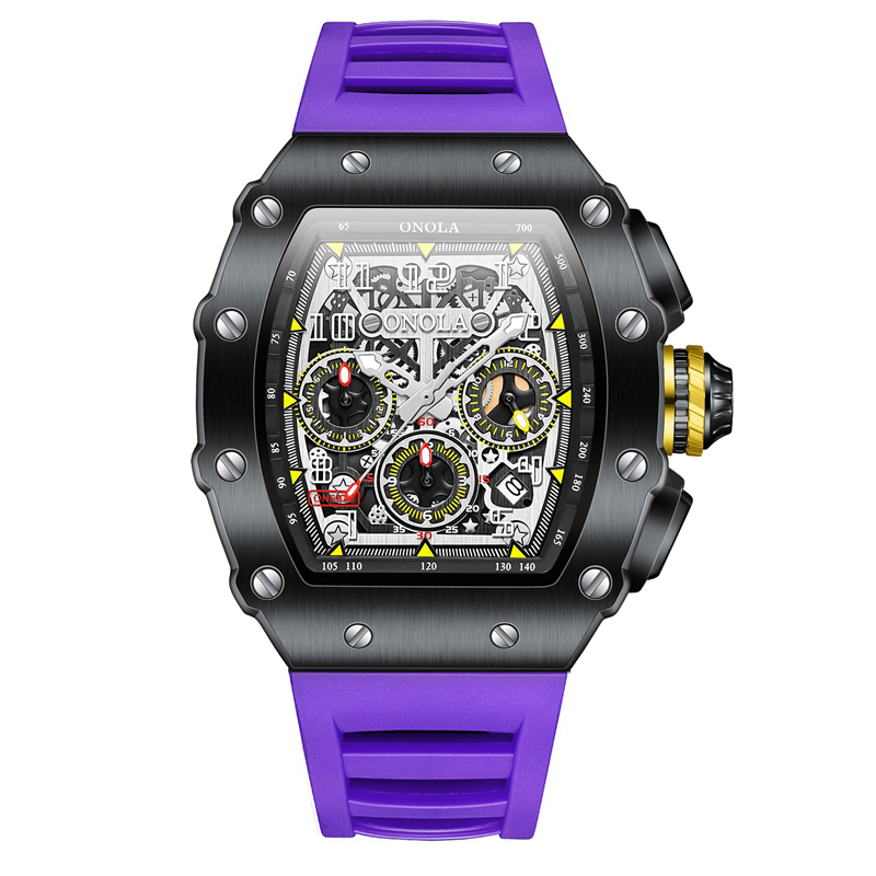 ONOLA Skeleton Sports Watch 43mm Black Dial Luminous Hands Purple Silicone Strap Stylish Look 128g Lightweight 50M Waterproof