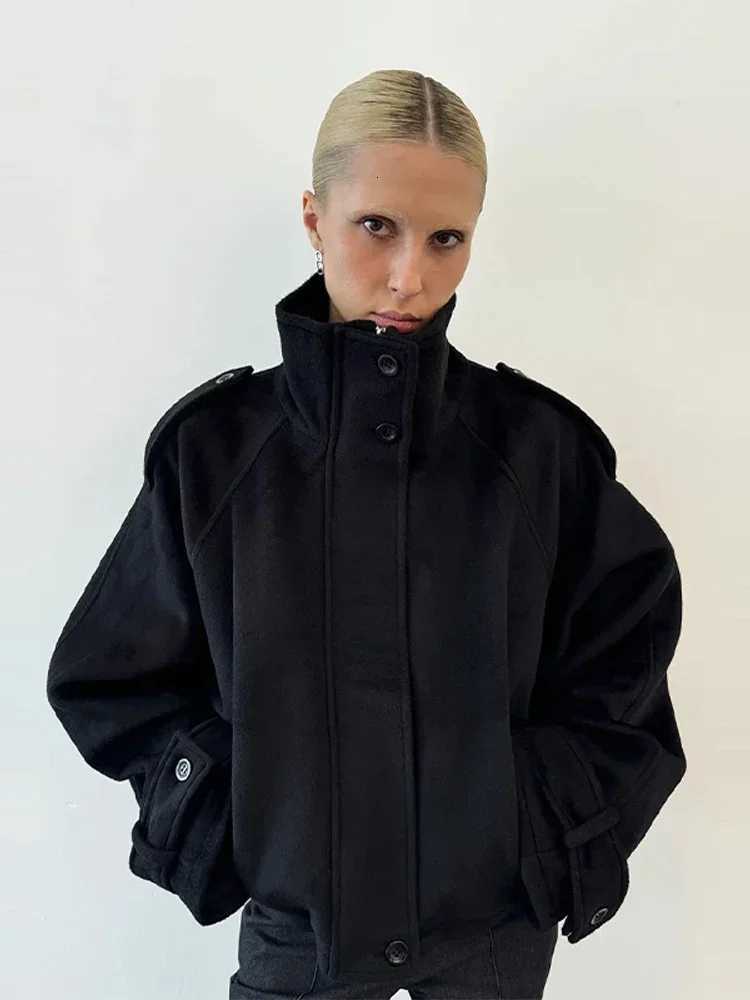 Casual Stand Collar Woolen Womens Coats Long Sleeve Single Breasted Pockets Thick Warm Jacket 2025 Autumn Winter Lady OuterwearXJ251127