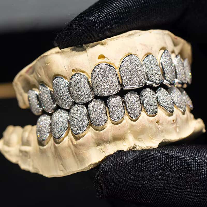 925 Sterling Silver Hybrid Grillz Round Baguette Cut 10 Top 10 Bottom Custom Iced Out VVS Moissanite Grillz for Teeth