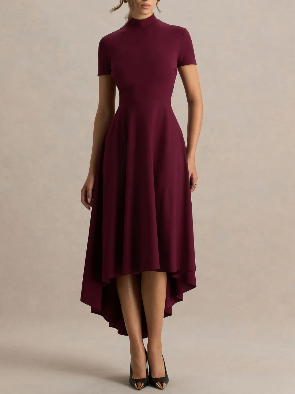 Burgundy Turtleneck Midi Dress: Premium Stretch Fabric, Asymmetric High-Low Hem, Slim-Fit Flared Skirt for Elegant Formal & Casual Occasions-L8