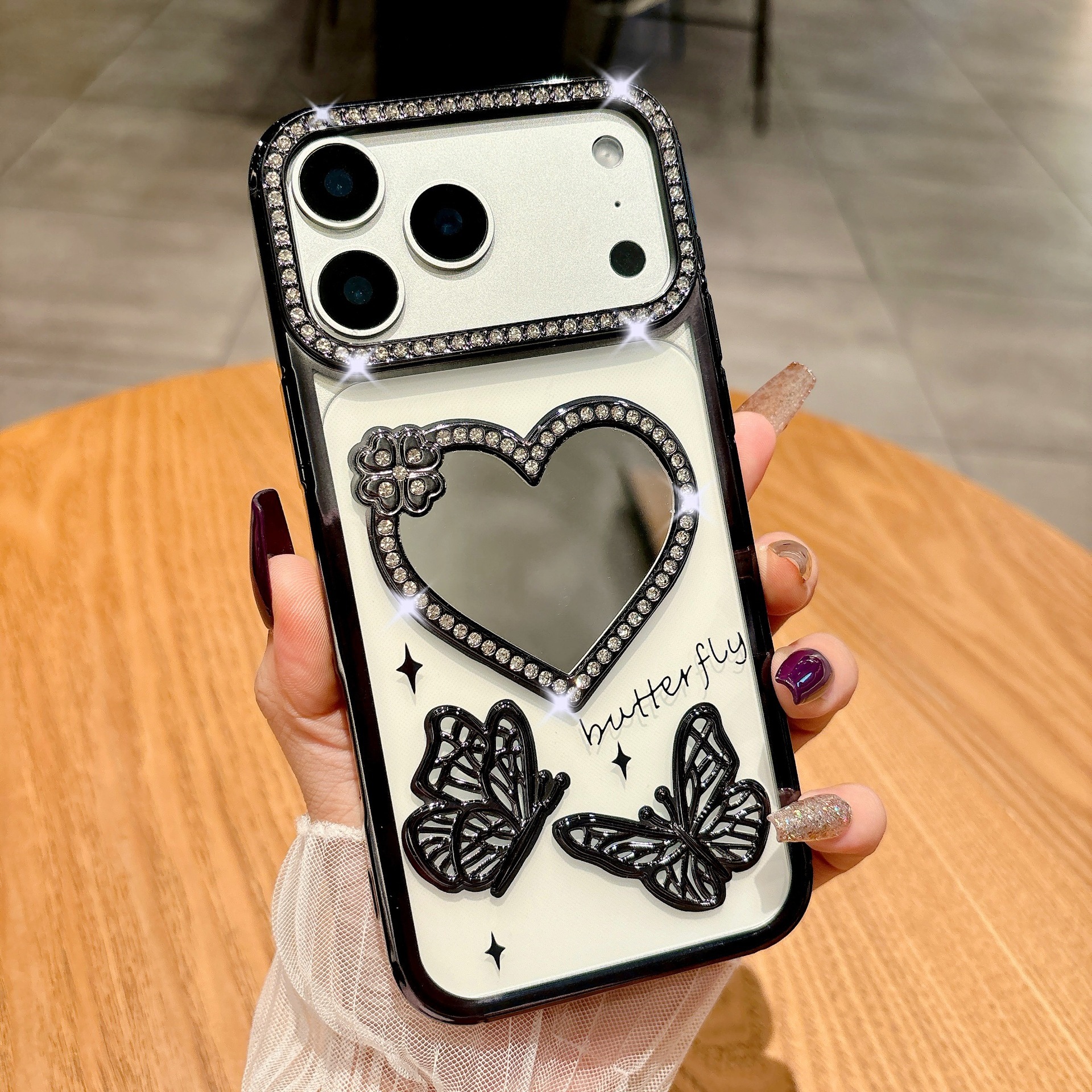 Electroplated Rhinestone Heart Mirror Butterfly Phone Case iPhone 17 Pro Max Compatible with Apple 16/15 Pro Soft Case