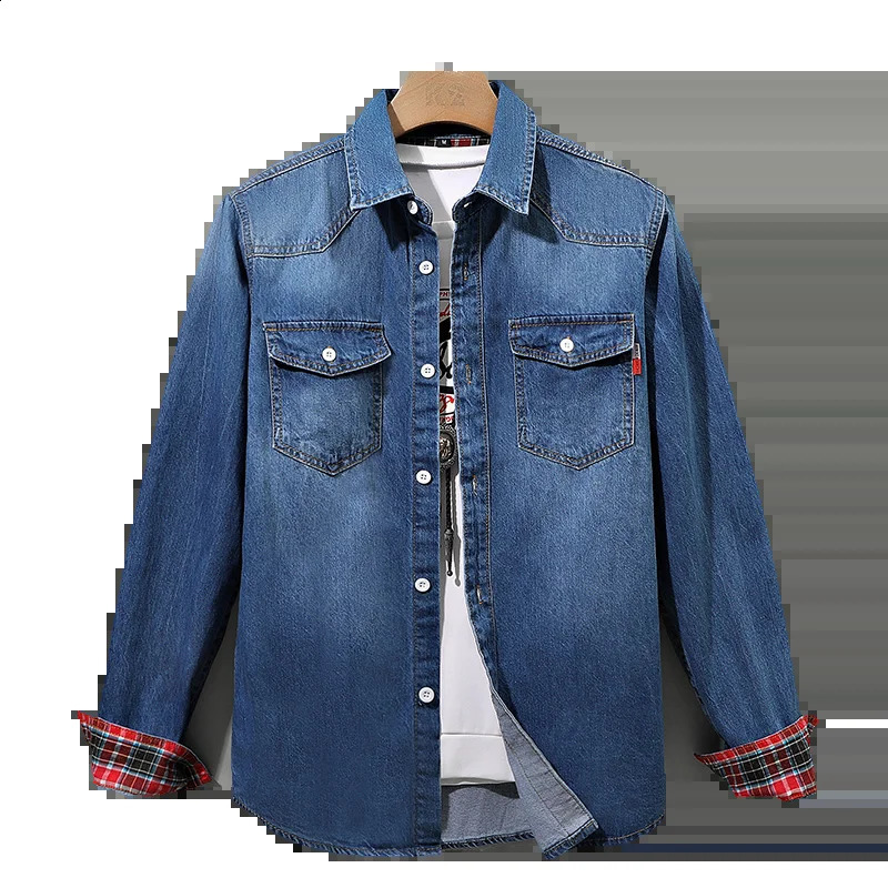 Denim shirt mens cotton denim shirt fashionable autumn slim fit long sleeved denim shirt fashionable washing slim fit top Asian size 4XL 250422