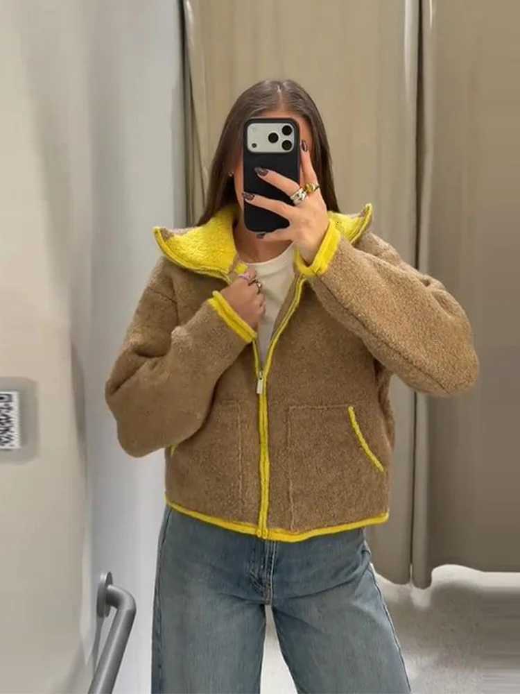 2025 New Winter Cardigans Jackets Fashion Women Loose Contrasting Color Pilot Zipper Coats Casual Streetwear Thicken OuterwearXJ251127