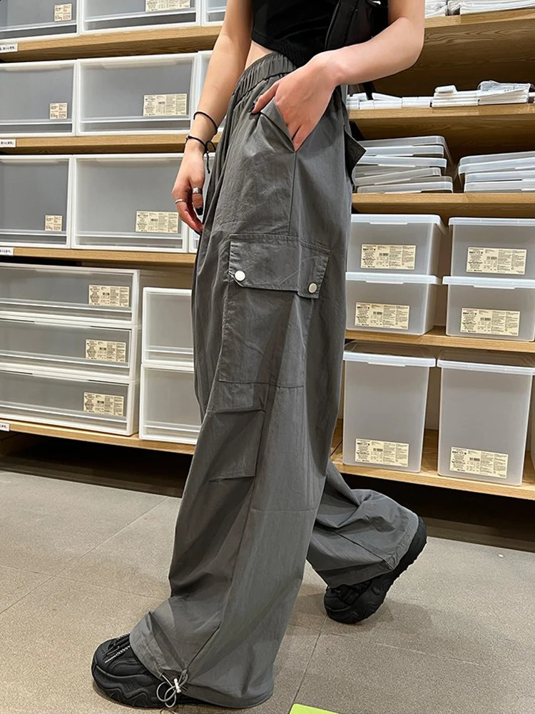Street Clothing Parachute Cargo Pants Womens Y2K High Waist Loose Solid Pocket Wide Leg Pants 250427