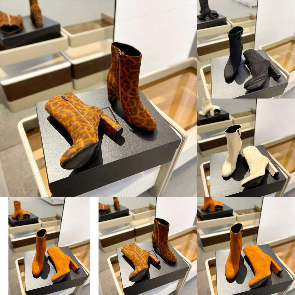 Designer boot kitten heel Boots fashion booties luxury Women's Runway Fashion zipper Ankle Boots Genuine Leather Suede Pointed Toes leopard print Chunky woman shoe