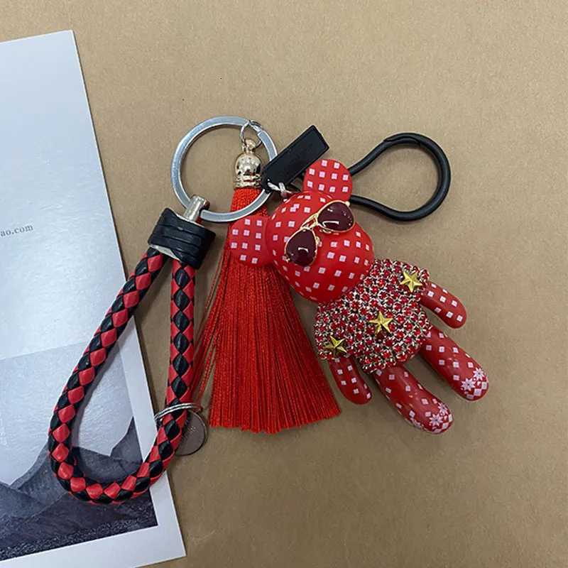 Leather Weave Rope Bomgom Popobe Gloomy Rhinestone Keychain Tassel Glasses Bear Key Chain Ring Holder Bag Charm Black PendantT251127