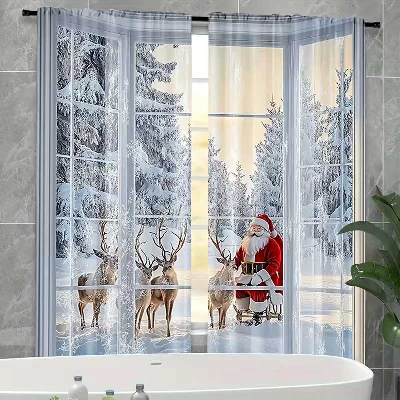 Curtain Christmas 2pcs Peaceful Santa Reindeer Pattern Curtains Serene Design Light - Filtering Polyester Curtains for Christmas Home Windows Y251126
