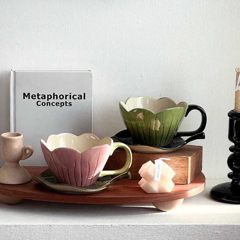 Nordic Vintage water cup tulip flower ceramic coffee cup and plate set Flower Porcelain Tea Cup Afternoon Tea Dessert Mugs C251127