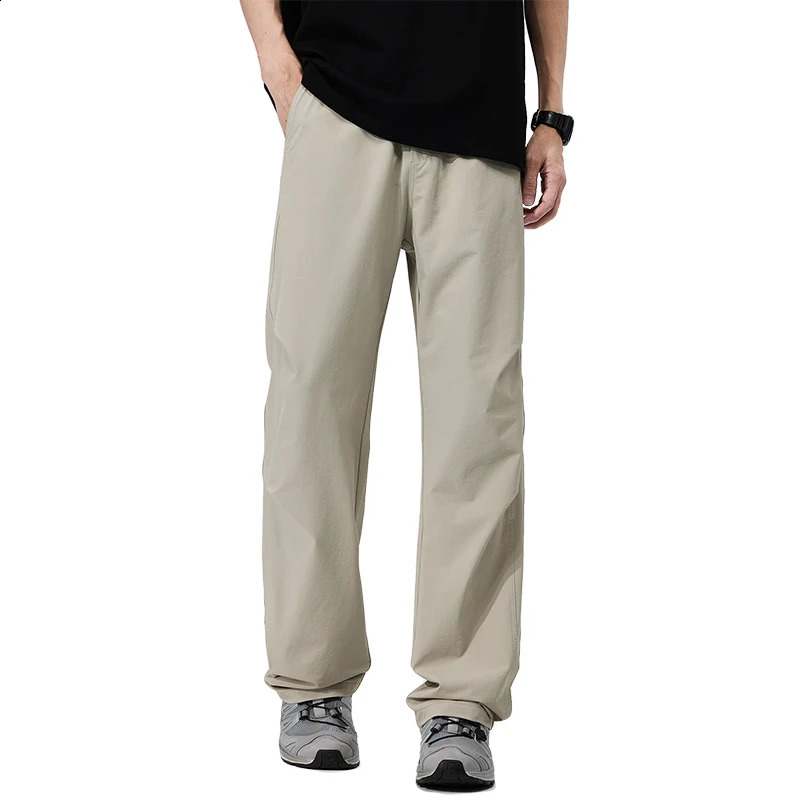 summer thin mens casual pants with elastic waist loose straight tube and micro elastic wide legs 250427