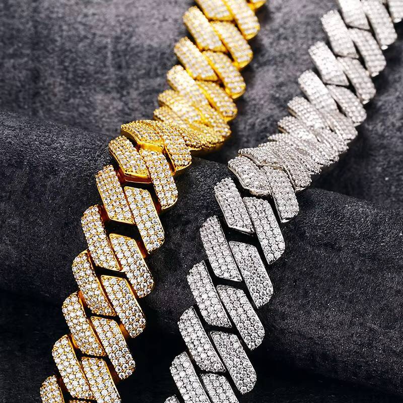 20mm Diamond Shape Thick Hiphop Bling 925 Sterling Silver 3 Rows Moissanite Stones Cuban Chain