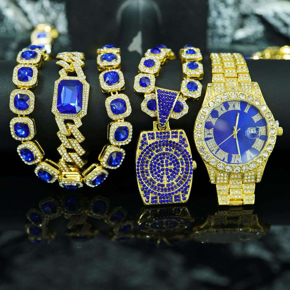 Hip Hop Fashion Creative Dia Pendant Square Sugar Blue Cuban Chain Necklace Men's Watch Set Gift Box