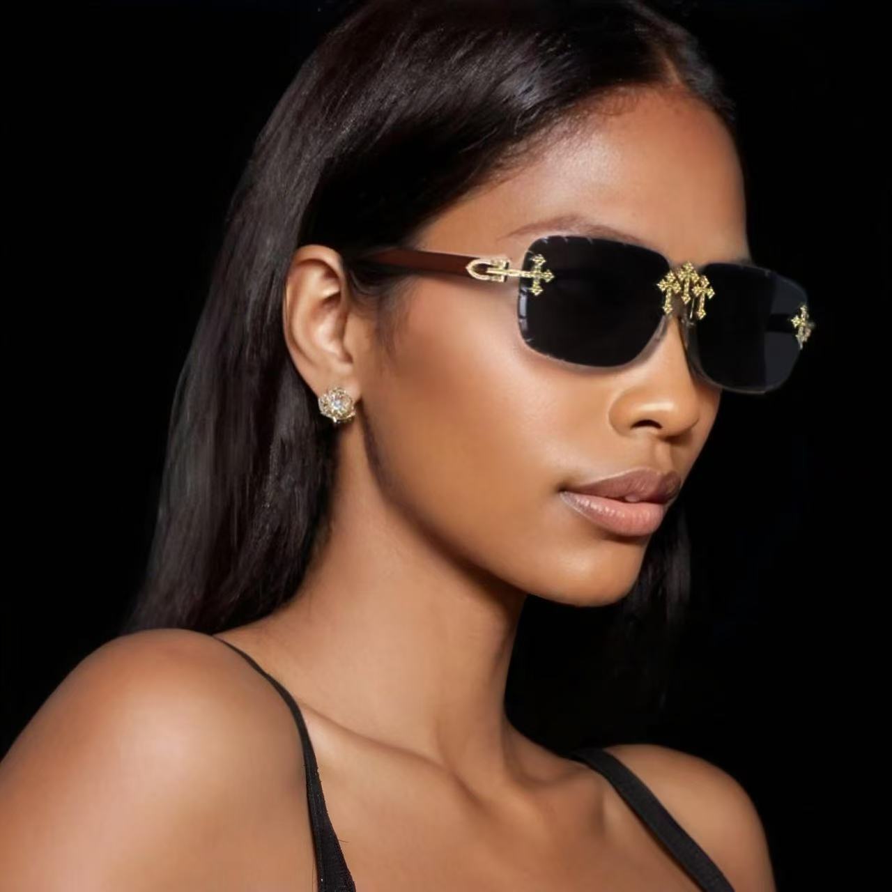 Luxury Brand Designer Jewelry Women's Fashion Rimless Cut Edge Sunglasses Square Frame High-End Sense Lace Trim Diamond-Studded Lens Fashion Simp