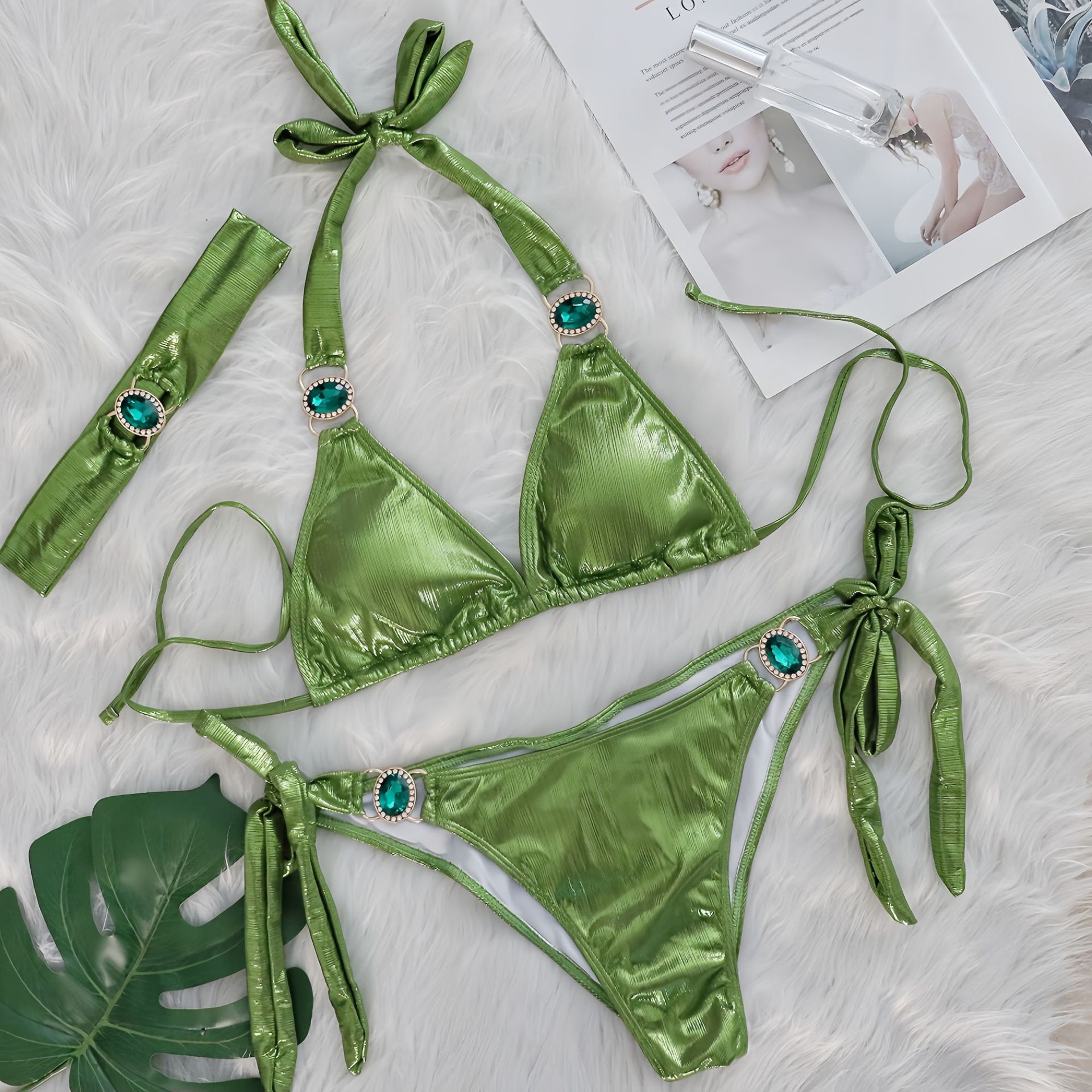 Women's Swimwear Sexy Green Gradient Bikini Set Women Luxury Rhinestone Push Up Band 3 Piece Swimsuit Bathing Suit Diamond Thong 2025