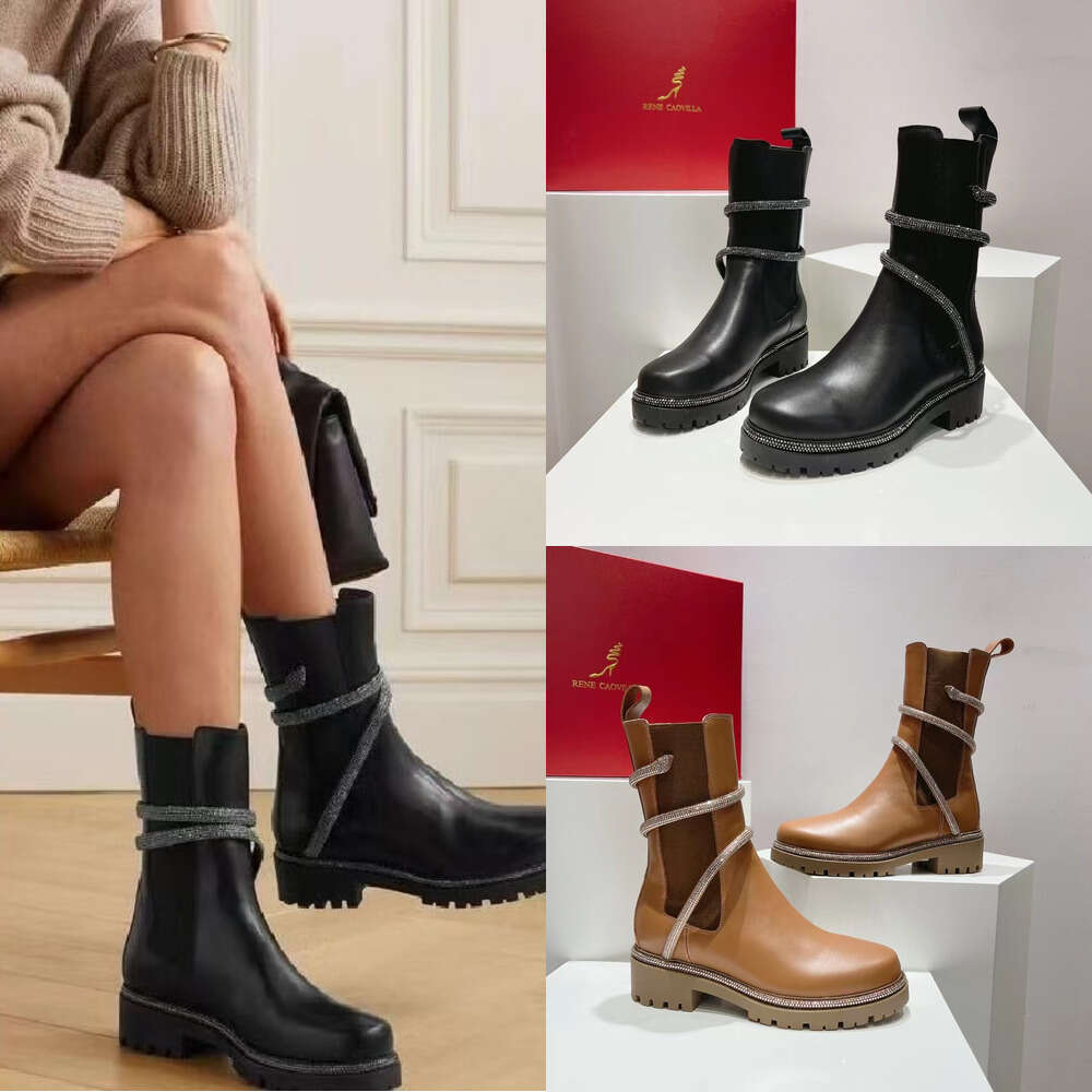 luxury Martin Boots Designer shoe Woman Round Head Genuine Leather Panel Elastic Fabric Crystal Decoration Snake Wrapped Ankle Strap Flat Heel Fashion Martin boots