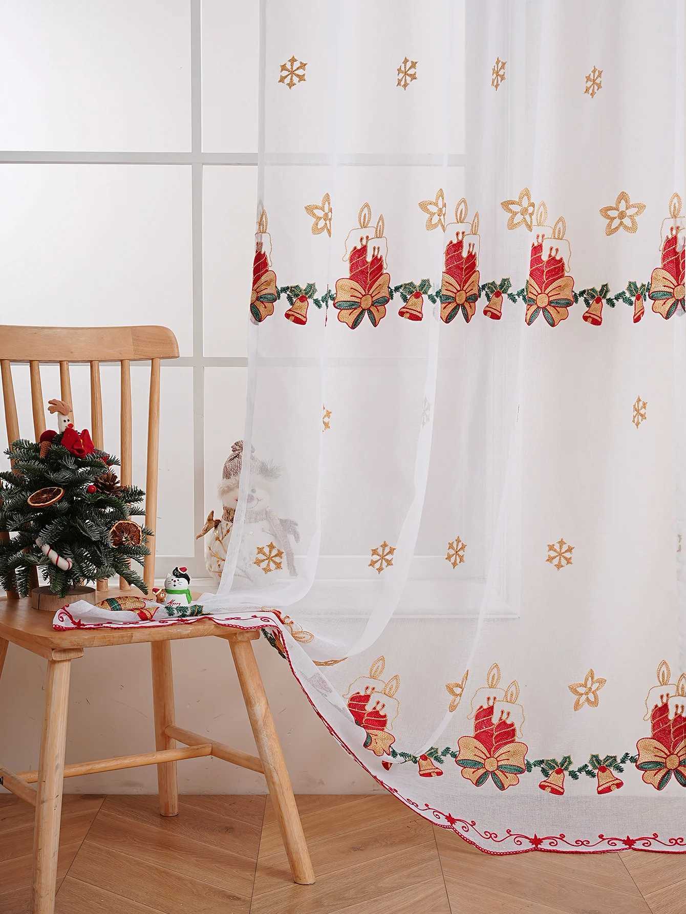 Curtain Christmas Christmas Candle Embroidered Curtain Sheer for Living Room Bedroom Festive Atmosphere Pole Pocket Curtain Y251126