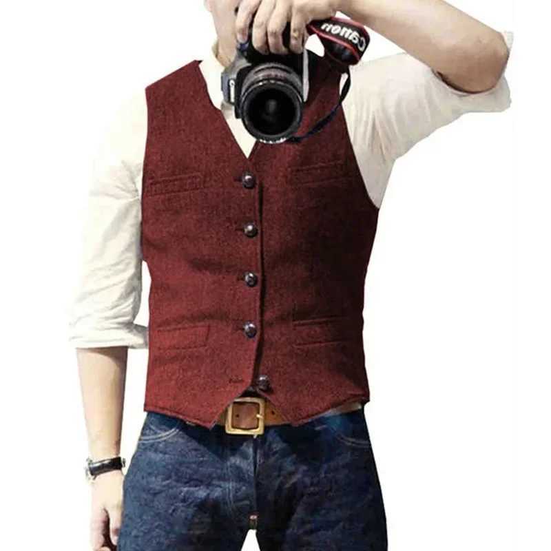 Mens Suit Vest Tweed Retro V Neck Wool Herringbone Waistcoat for Prom Single Breasted Males Dress Suit Vest Plus SizeM251127