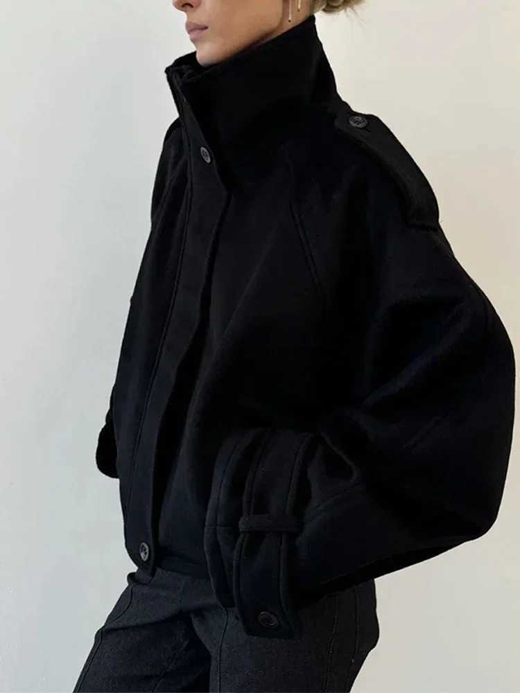 Casual Stand Collar Woolen Womens Coats Long Sleeve Single Breasted Pockets Thick Warm Jacket 2025 Autumn Winter Lady OuterwearXJ251127