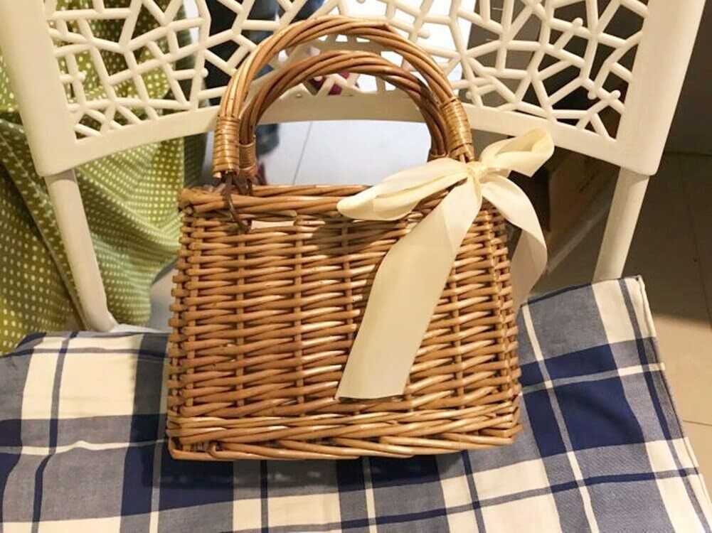 Bow woven rattan straw top handle wicker basket handbag bohemian style beach bag wer basket, brown