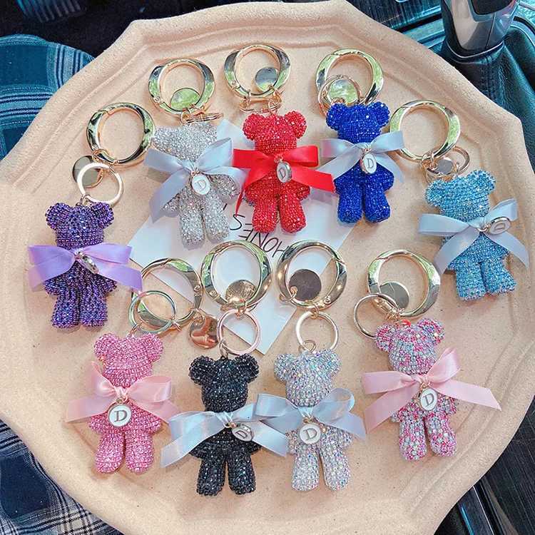 Luxury Jewelry Full rhinestones Bear Car Key chain Creative Letter Big Button Key chains Bag Pendant Doll Party Gifts For WomenT251127