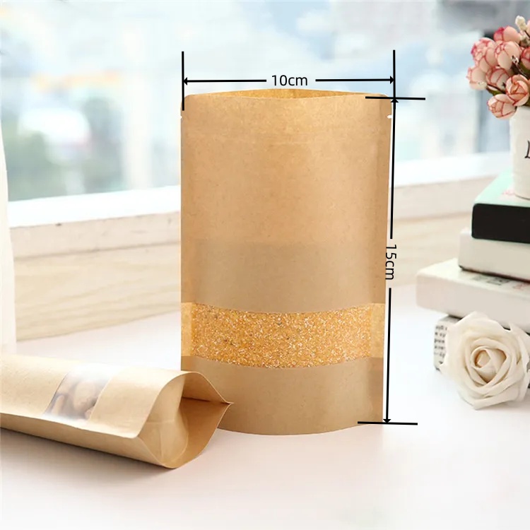Reusable Kraft Paper Self-Seal Zipper Bags with Clear Window for Dried Fruits & Nuts - 10x15 cm