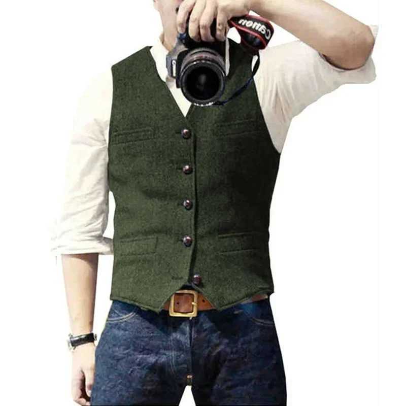 Mens Suit Vest Tweed Retro V Neck Wool Herringbone Waistcoat for Prom Single Breasted Males Dress Suit Vest Plus SizeM251127