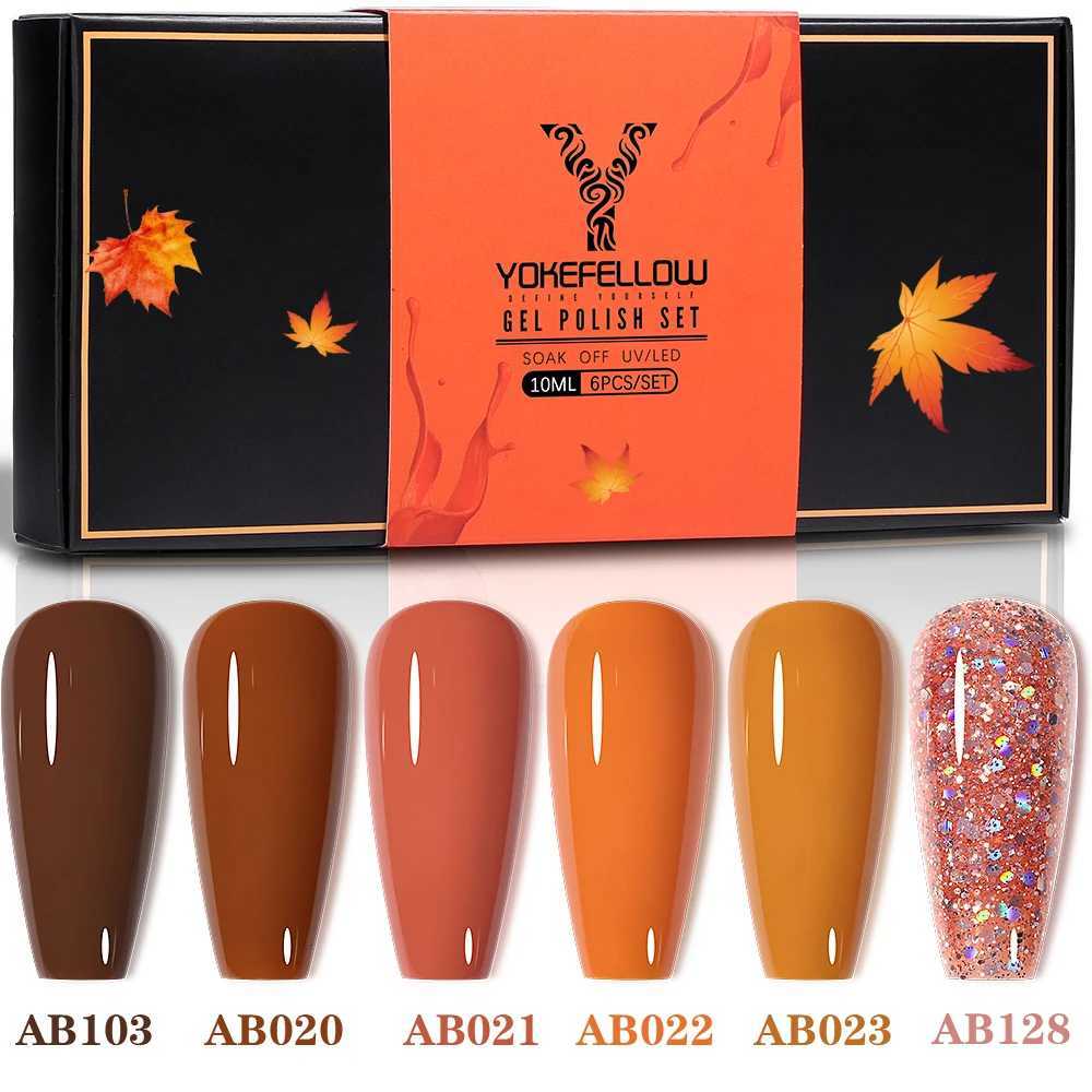 YOKEFELLOW 6Pcs/Set Fall Winter Gel Nail Polish Semi Permanent UV Led Gel Varnish Brown Orange Pumpkin Halloween Christmas GiftT251127