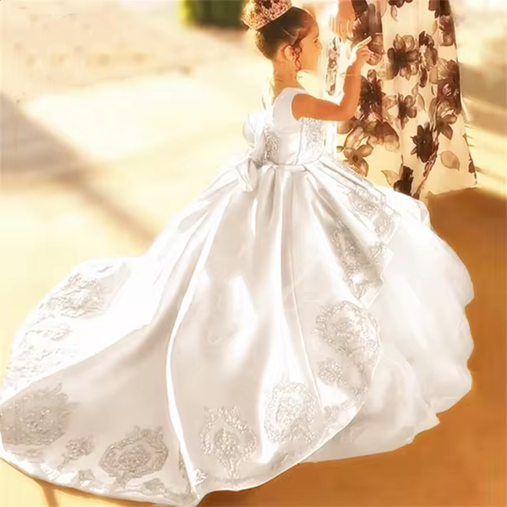 Flower Girl Dress with Beading for Kids Long Girls Birthday Dresses Lace Up Back Satin Clothes Pageant Gown 240428