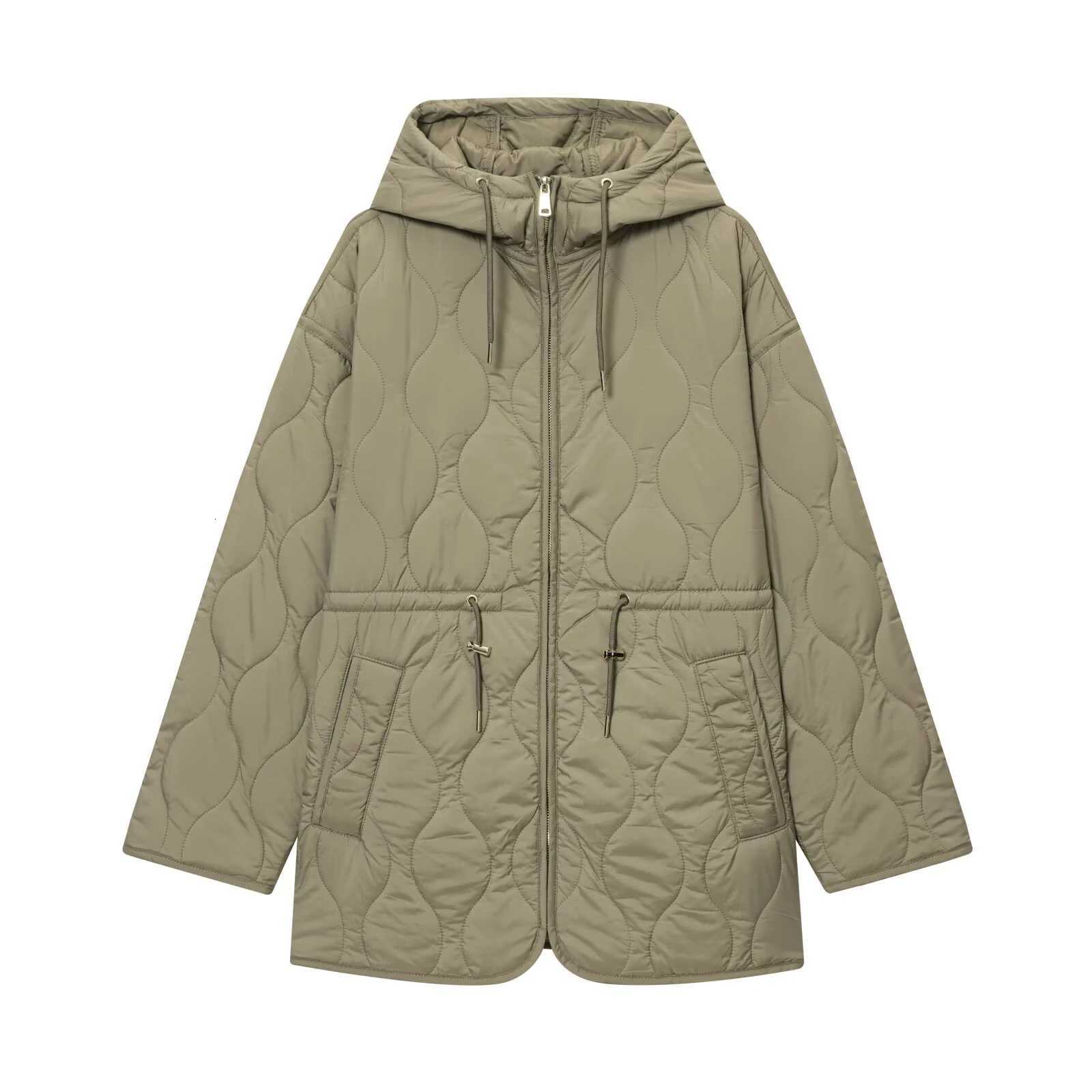 Autumn womens European and American style stand up collar long sleeved lace up adjustable hooded waterproof quilted jacketXJ251127