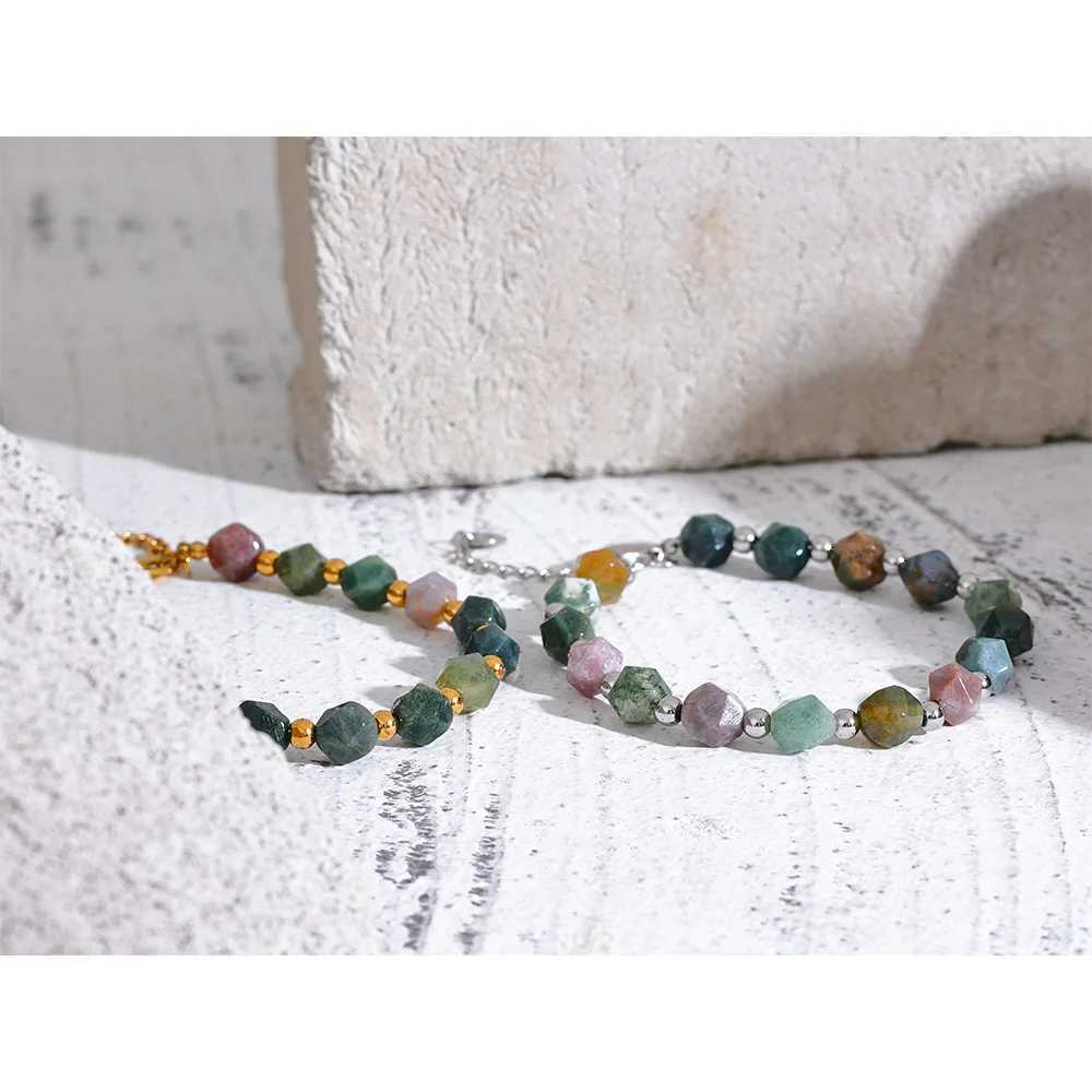 Yhpup Indian Agate Natural Stone Beads Chain Men Bangle Stainless Steel Wrist Handmade Summer Jewelry Waterproof C251105