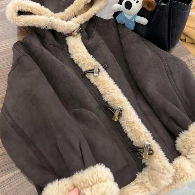 Women Vintage Hooded Jacket Winter Thick Warm Fur Collar Patchwork Casual Coats Solid Retro Loose Zipper Buttons Female OutwearXJ251127