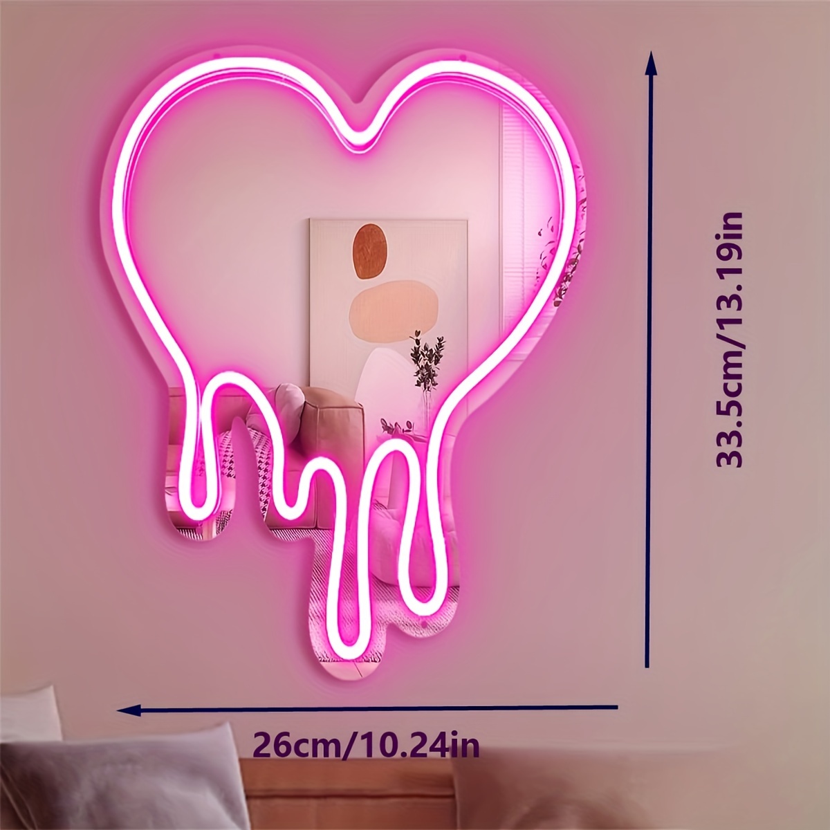 Melted Heart-shaped Neon Light Wall Mirror - Heart-melting wall decor,decorative wall mirror. Perfect for bedroom, girls' room, parties, studios,
