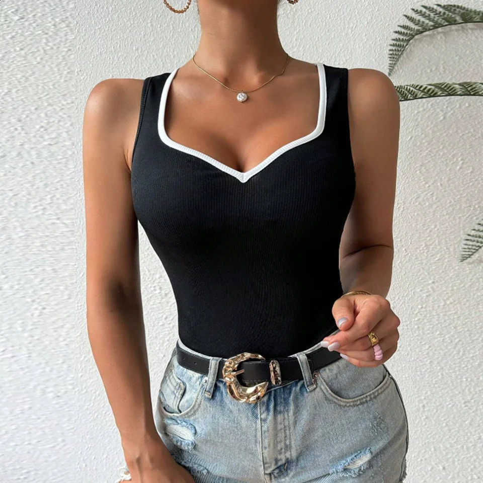 Sexy sleeveless ribbon vest fashionable womens tight fitting T-shirt V-neck summer girl nightclub bar 250422