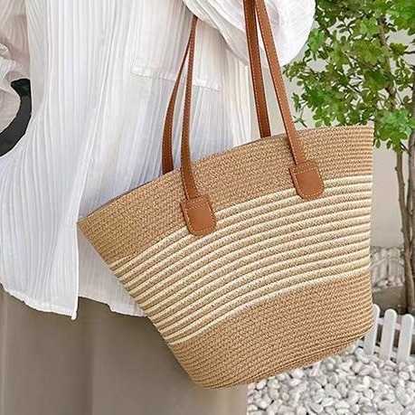 Straw Woven Bag Womens Summer Handbag Seaside Tote Bag Large Capacity Woven Shoulder Bag Rattan Woven Grass Bag Water Bucket Bag Trendy