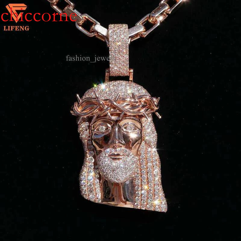 Handmade Custom Rose Gold Sier Jesus Face Head Pendant Necklace VVS Moissanite Dia Gift Hip Hop Christian Jewelry