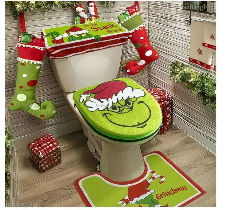 Christmas Decorations Xmas Bathroom Sets Grinch Green Monster Toilet Seat Cover and Rug for Indoor Home Bathroom Sets of 4 pcs (Red - Green) 1025