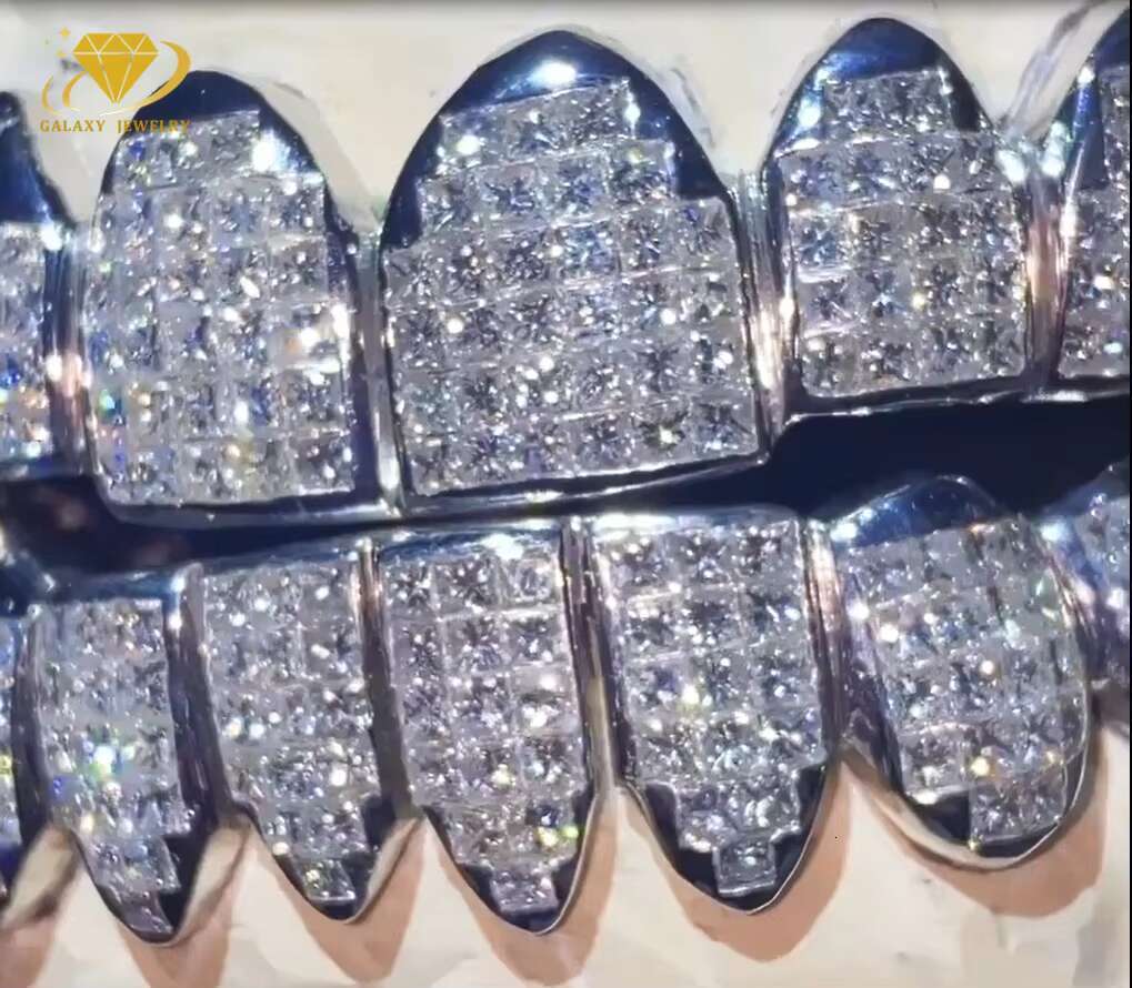 Hip Hop Iced Out Diamond Princess Cut Moissanite Grillz 10K 14K 18K Gold 925 Silver Invisible Custom Teeth Grillz