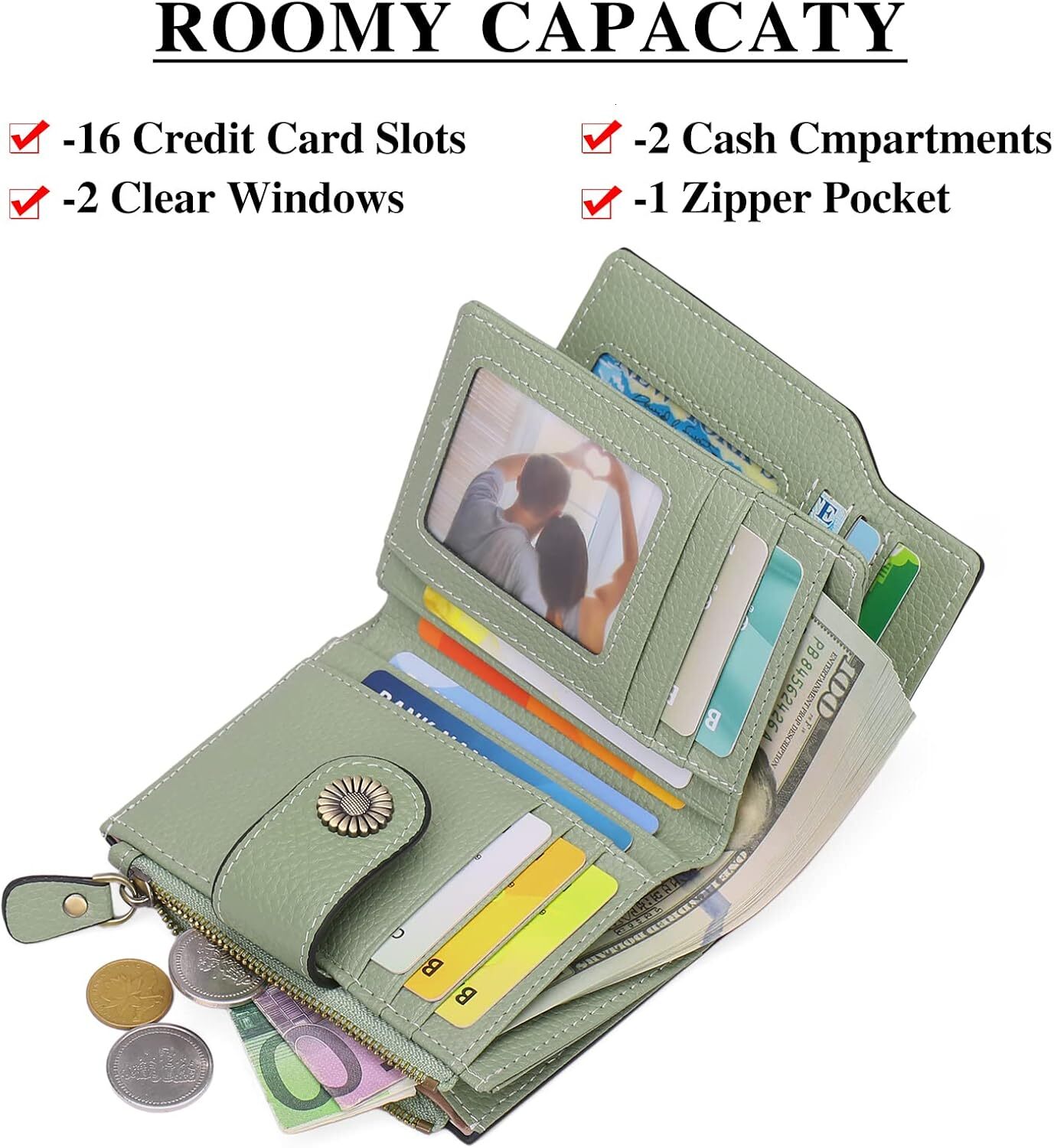 FALAN MULE Small Leather Double Fold Women's Wallet with RFID Shielding, Light Green, Compact