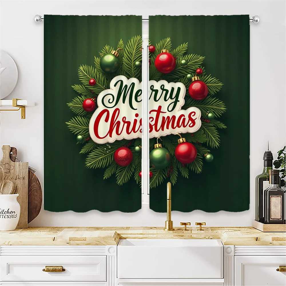 Curtain Christmas 2pcs Festive Christmas Curtains - Green with Red White Ornaments Merry Christmas Text Semi-Transparent Polyester Rod Pock Y251126