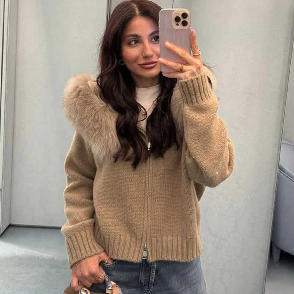 Talenza Winter Female Sweater Hoodie Cardigan Fluffy Zipper Patchwork Long Sleeve Ribbed Solid Knit jacket Coat Womens CardiganXJ251127